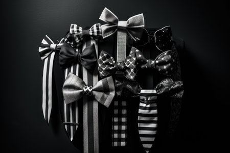 black and white photo of a tie and bow tie collection, created with generative aiの素材