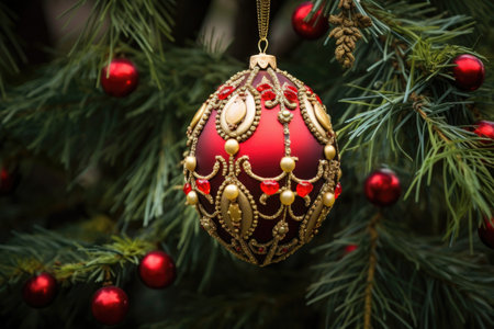 red and gold ornaments decorating a christmas tree, created with generative aiの素材