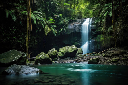 natural waterfall amidst pristine rainforest, created with generative aiの素材