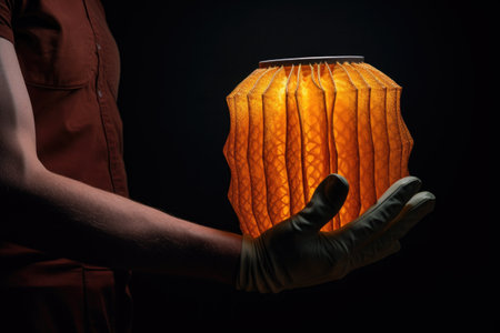 gloved hand holding air filter against light, created with generative aiの素材