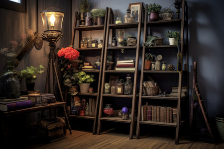 ladder shelf with mix of books and home decor items, created with generative aiの素材