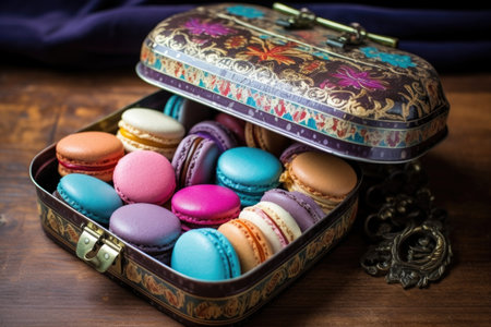 colorful macarons in a vintage tin box, created with generative aiの素材
