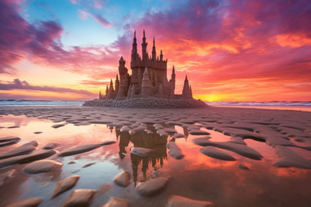 sandcastle lit by colorful sunset sky, created with generative aiの素材