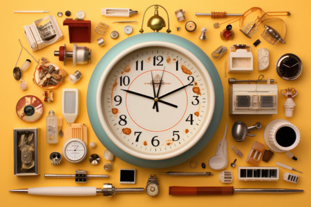 top view of an alarm clock surrounded by morning routine items, created with generative aiの素材