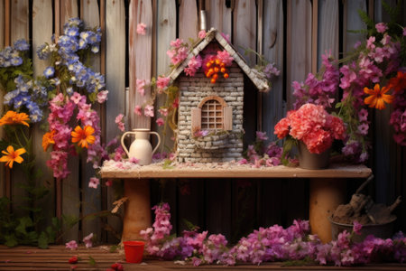 bird feeder on a wooden fence with flowers, created with generative aiの素材