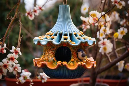 unique ceramic bird feeder in a blooming garden, created with generative aiの素材