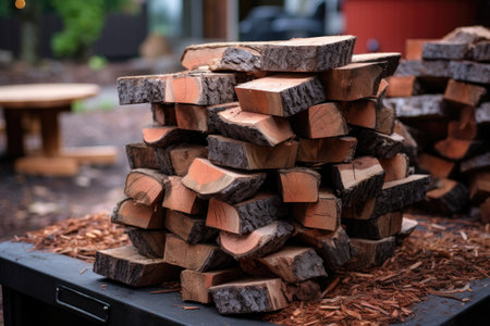 close-up of stacked bricks for fire pit base, created with generative aiの素材