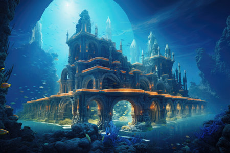 sea-life integrated coral reef-inspired architecture in underwater city, created with generative aiの素材