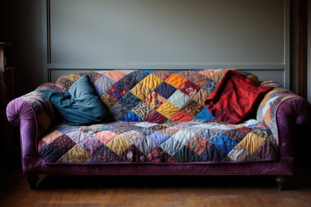 vintage fabric patchwork quilt draped on sofa, created with generative aiの素材