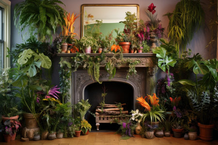 decorative fireplace with plants and artwork, created with generative aiの素材
