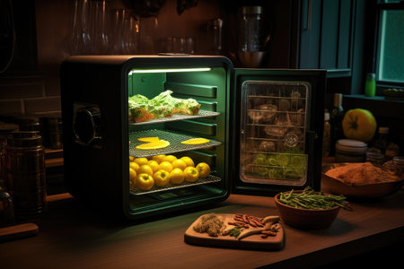 food dehydrator machine with glowing light in a dark kitchen, created with generative aiの素材
