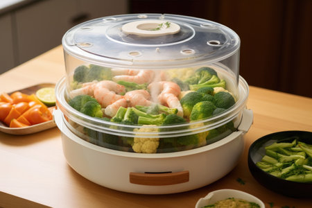 steamer with lid open, revealing freshly cooked meal, created with generative aiの素材