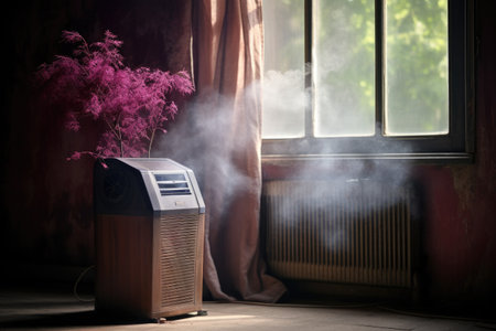air purifier working near a dusty window sill, created with generative aiの素材