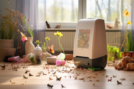 air purifier in a room full of allergenic items dust, pollen, created with generative aiの素材