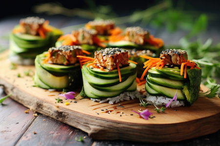vegan sushi rolls with avocado and cucumber, created with generative aiの素材