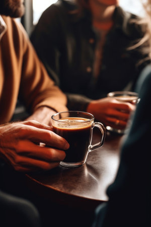 cropped shot of two unrecognizable people enjoying a cup of coffee in a cafe, created with generative aiの素材