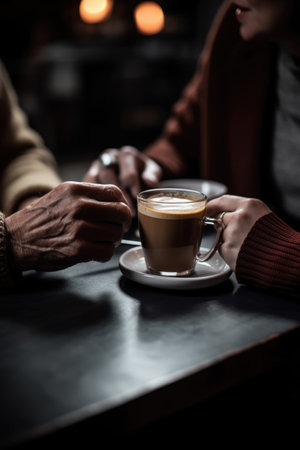 cropped shot of two unrecognizable people enjoying a cup of coffee in a cafe, created with generative aiの素材