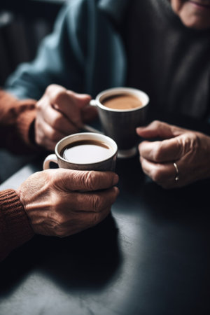 cropped shot of two unrecognizable people enjoying a cup of coffee in a cafe, created with generative aiの素材