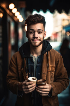 cropped shot of a young man giving you your change in a coffee shop, created with generative aiの素材