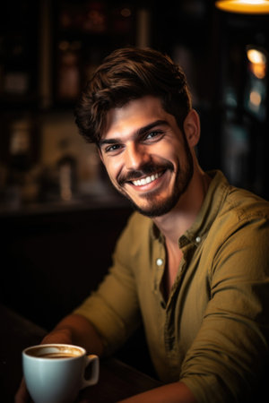 handsome young italian man holding up a cup and smiling at the camera while working in coffee shop, created with generative aiの素材