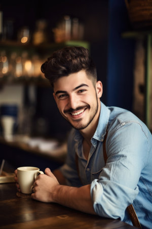 handsome young italian man holding up a cup and smiling at the camera while working in coffee shop, created with generative aiの素材