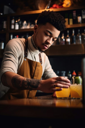 cropped shot of a young man making a drink for his customer, created with generative aiの素材