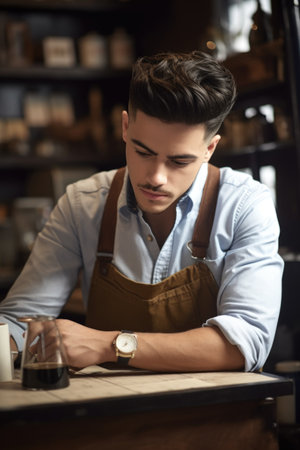 cropped view of a handsome young man working in his coffee shop, created with generative aiの素材
