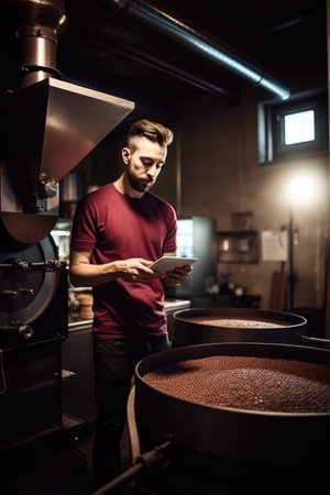 shot of a young man using a digital tablet while standing in front of the coffee roasting machine, created with generative aiの素材