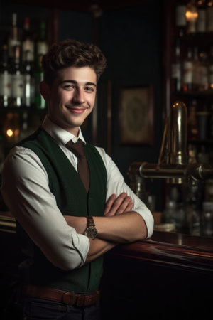 portrait of a handsome and happy barman with his arms crossed, created with generative aiの素材