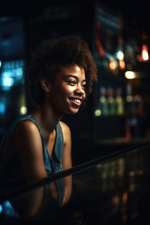 shot of a young woman enjoying an evening at a bar, created with generative aiの素材