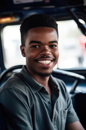 portrait of a cheerful young man driving a bus, created with generative aiの素材