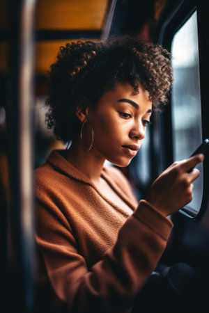 shot of a young woman using her smartphone while riding in the front seat of a bus, created with generative aiの素材