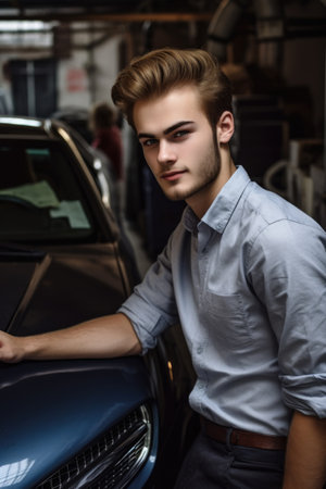a handsome young man leaning against his car while working in a garage, created with generative aiの素材