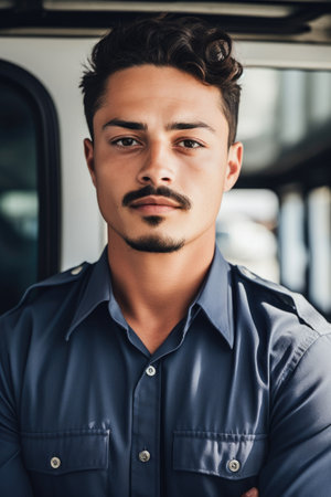 cropped shot of a handsome young male bus driver standing in front of his vehicle, created with generative aiの素材