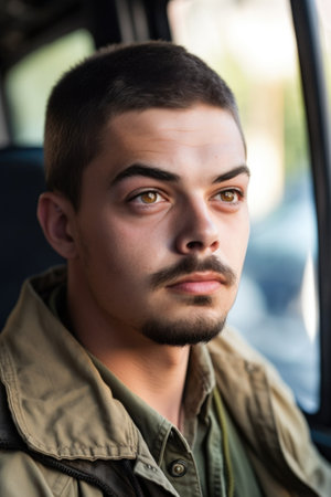 portrait of a handsome young man driving a bus, created with generative aiの素材