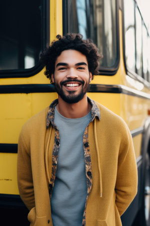 portrait of a happy young man standing by his bus, created with generative aiの素材