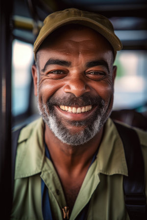 portrait of a happy bus driver smiling at the camera, created with generative aiの素材