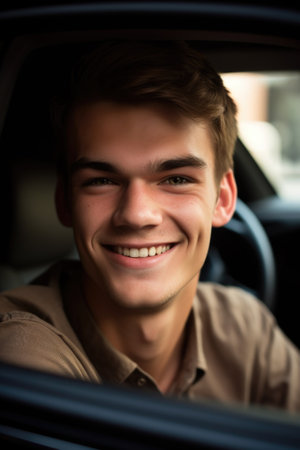 a handsome young man sitting in his car and smiling at the camera, created with generative aiの素材
