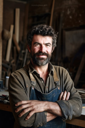 portrait of a happy carpenter standing in his workshop, created with generative aiの素材