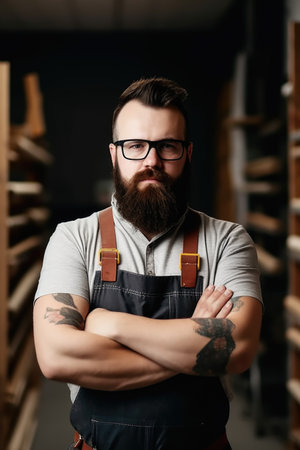 shot of a carpenter standing with his arms folded, created with generative aiの素材