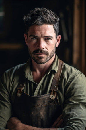 cropped portrait of a handsome male carpenter standing in his workshop, created with generative aiの素材