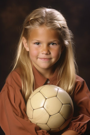 portrait of a young girl holding a soccer ball, created with generative aiの素材