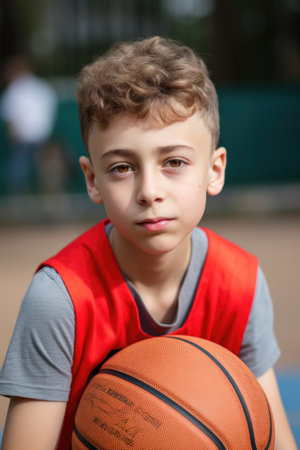 portrait of a young boy playing basketball on a sports court, created with generative aiの素材