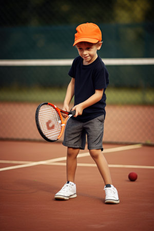 shot of a young boy playing tennis on a court, created with generative aiの素材