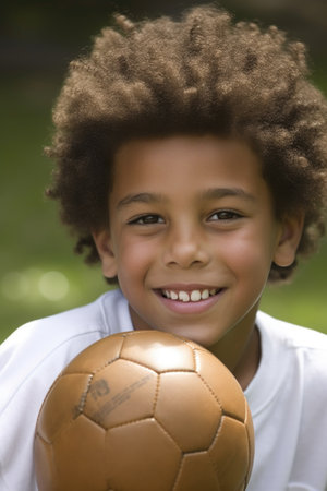 shot of a young boy playing with a soccer ball, created with generative aiの素材