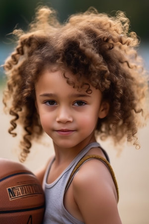 closeup shot of a little girl playing basketball on a sports field, created with generative aiの素材