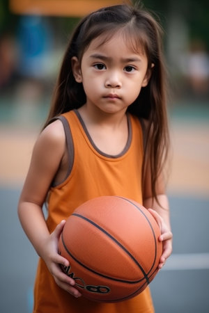 closeup shot of a little girl playing basketball on a sports field, created with generative aiの素材