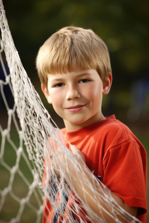 portrait of a young boy standing beside a soccer net, created with generative aiの素材