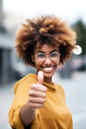 shot of a happy young woman giving the thumbs up outdoors, created with generative aiの素材