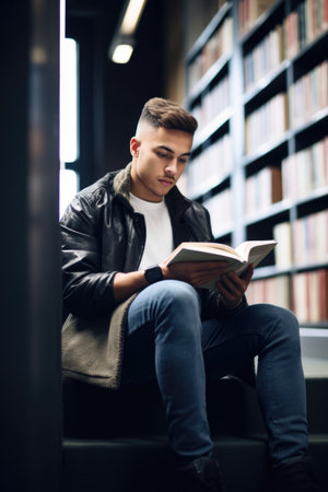 shot of a young man reading a book in the library at university, created with generative aiの素材